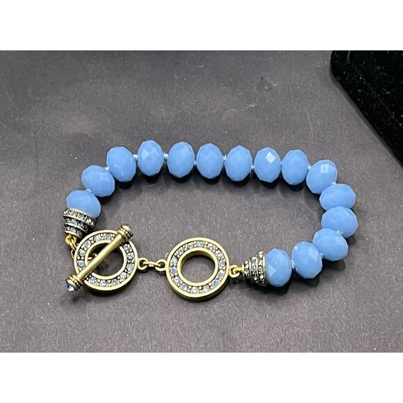 Heidi Daus Faceted Glass Beads Crystal Rhinestone Toggle Bracelet Blue Signed - Picture 6 of 12